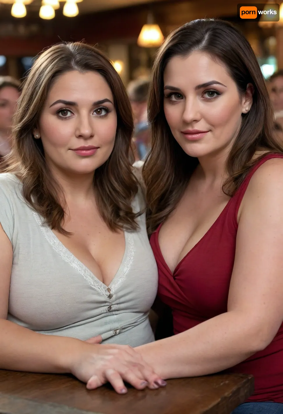 2girls, Two milfs, two moms, two old fat BBW woman, realistic image, (russian), (armenian), long hair, sexy, both wearing low-cut casual clothes, (fully clothed), brunette, fat, round face, (detailed face and eyes:1.2), (sitting next to each other), crowded bar scene, ((They look at the viewer with desire)), mature, female, motherly, milf