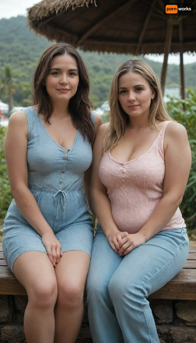 2girls, Two milfs, two moms, two old fat BBW woman, realistic image, (brunette), (blonde), long hair, sexy, both wearing low-cut casual clothes, (fully clothed), fat, round face, (detailed face and eyes:1.2), (sitting next to each other), vacation resort scene, ((They look at the viewer with desire)), mature, female, motherly, milf