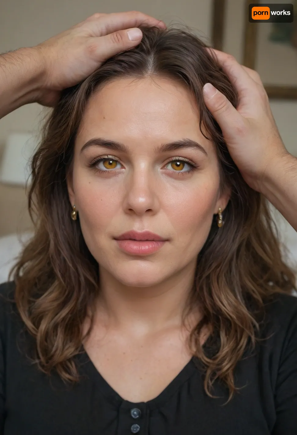 POV, chubby Obese milf, 55 years old married housewife wearing a black outfit, long hair, ((man grapping her head)), looking at viewer, (captivating amber eyes:1.3), cozy bedroom