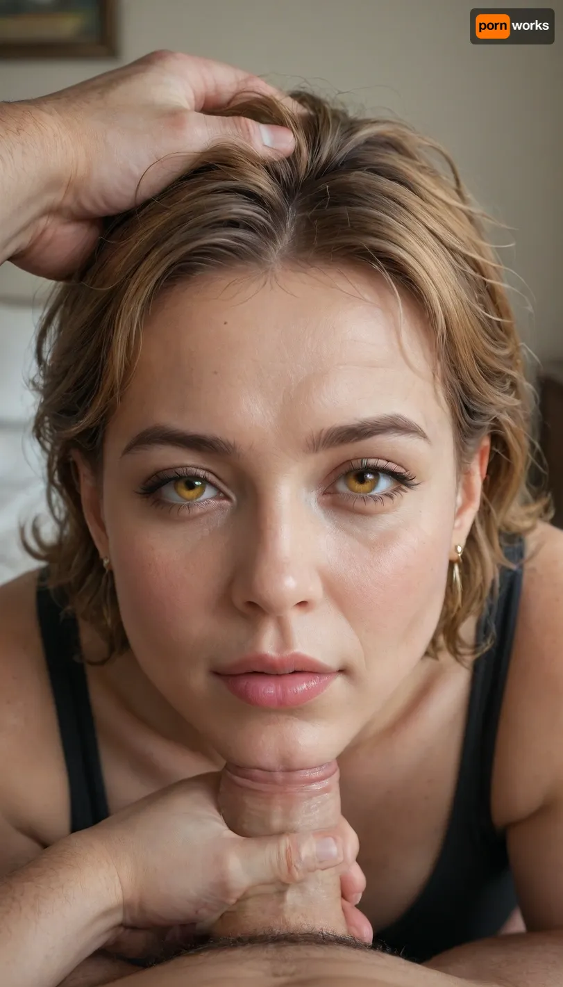 (mature.5), POV, chubby Obese milf, 55 years old married housewife wearing a black outfit, amber hair, ((man grapping her head)), looking at viewer, (captivating amber eyes:1.3), cozy bedroom, <lora:rknArouseXL:.8>