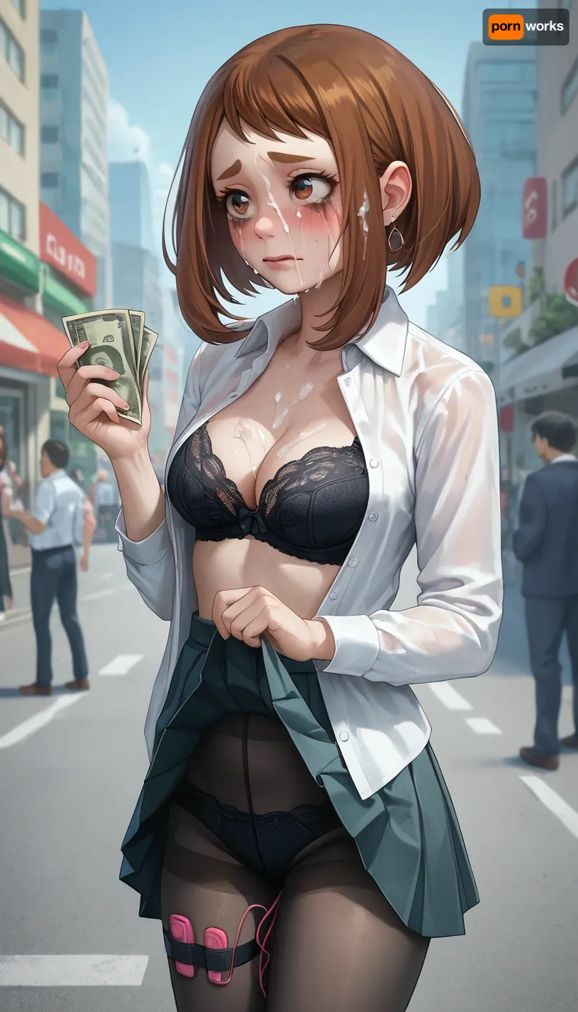 Standing, holding money, runny mascara, cum on face, ochako uraraka, vibrator attached to leg, white collared shirt, pleated skirt, open shirt, skirt lift, black bra, black pantyhose, outdoor, city ​​square, a look away, embarrassed
