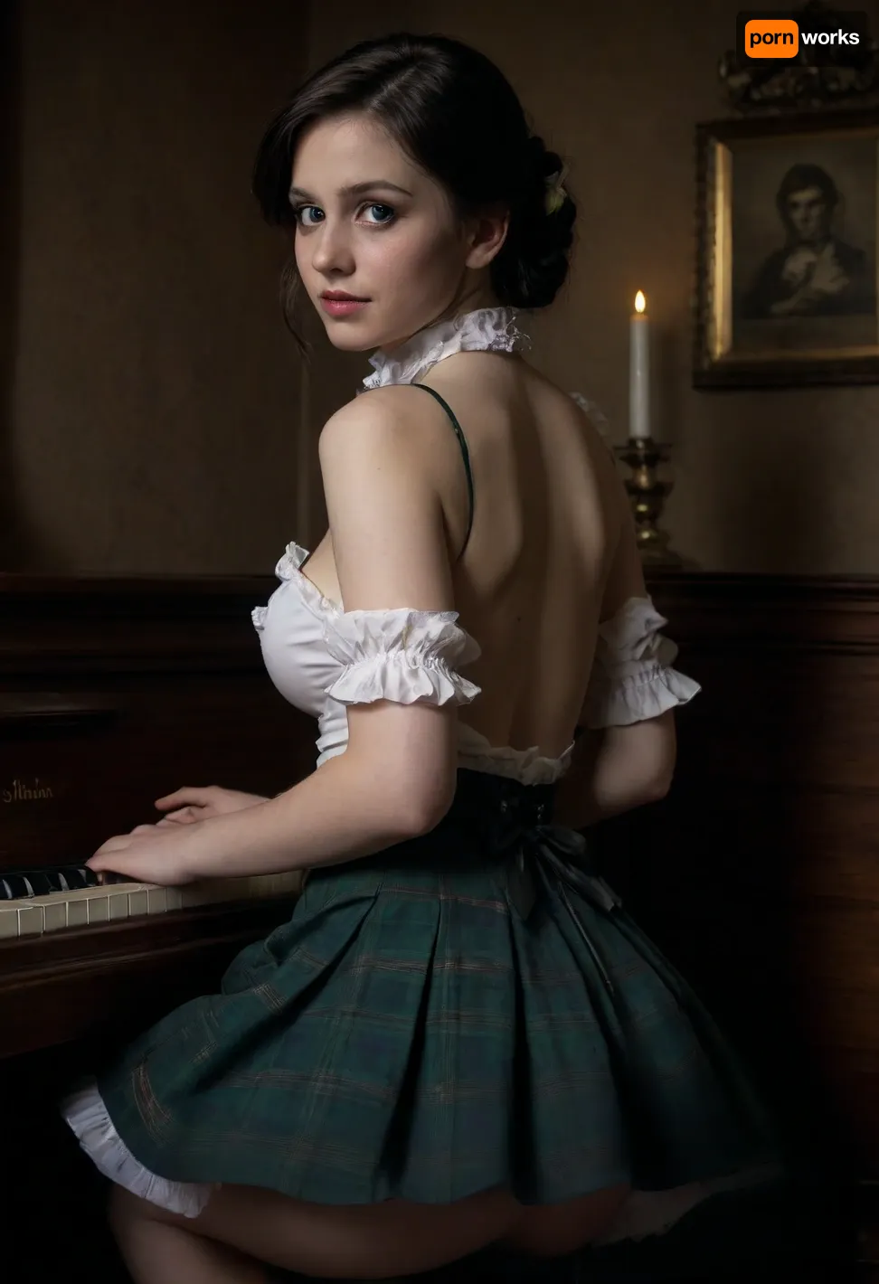 the year 1877, victorian epoch, shy innocent small waitress slender femboy, (pale skin), (((shy))), high pigtails, long hair, black hair, innocent, 30 years old, saggy breast, standing, smile, (((covered tits from top))), small ass, puffy sleeves embroidery top, petticoat skirt, no slip wearing, breast hole in outfit, white classic shoes, victorian outfit, shiny skin, perfect skin, ruffled trim, garter belt, hoop earrings, green eyes, bows in hair, head tilted slightly downwards, tartan pattern, close up lower body, low back view, show ass, sits playing piano, spread legs, moaning, gaping asshole, femboy, <lora:dark:.1>