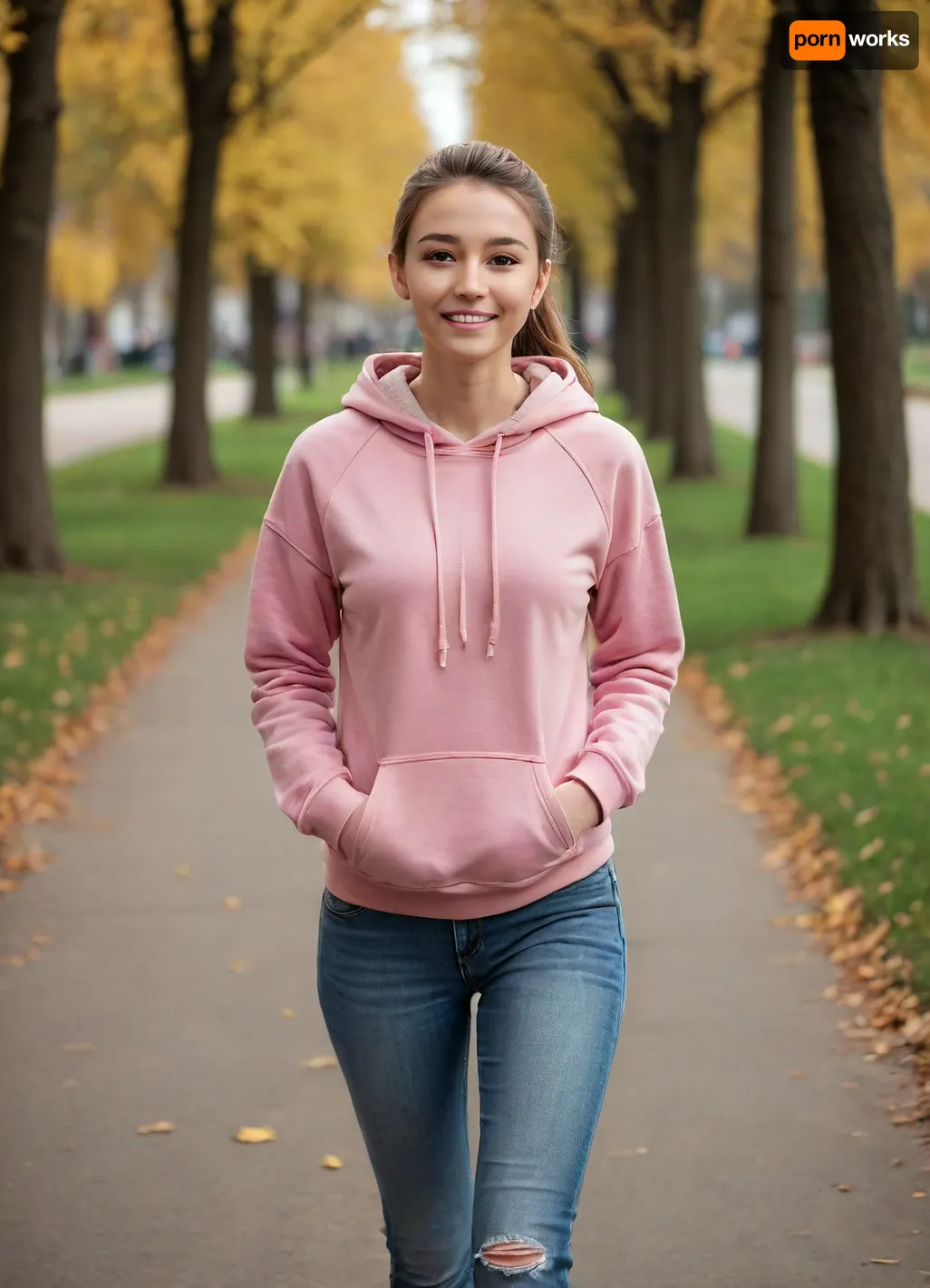 full body view, outdoor scene. white woman, chestnut ponytail hair, wavy hair, 20 years old, (beautiful:1.7), (small breasts), grey hoodie, blue jeans, pink sneakers, slim, walking, brown eyes, smiling, City park, outdoor, path, tall trees, sunny day, <lora:DUSK_XL_MISUOFUJIWARA_dadapt_cos_1e-7:1.9>