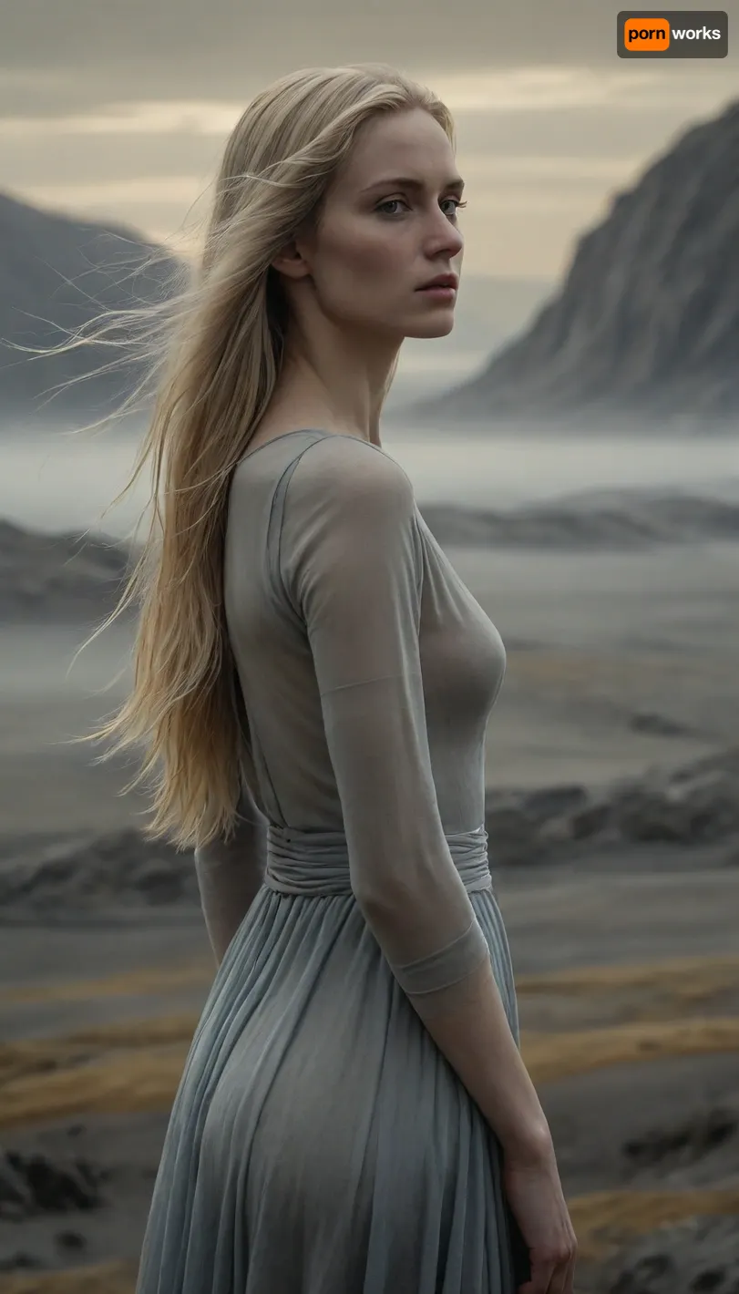 a slender woman shown from the waist up, long pale-blonde hair catching soft gold and silver light, wearing a flowing light garment, standing in a misty gray-blue and ochre landscape, calm introspective expression, cinematic photorealism inspired by the tone of Santiago Caruso, masterpiece, best quality, highly detailed, sharp focus
