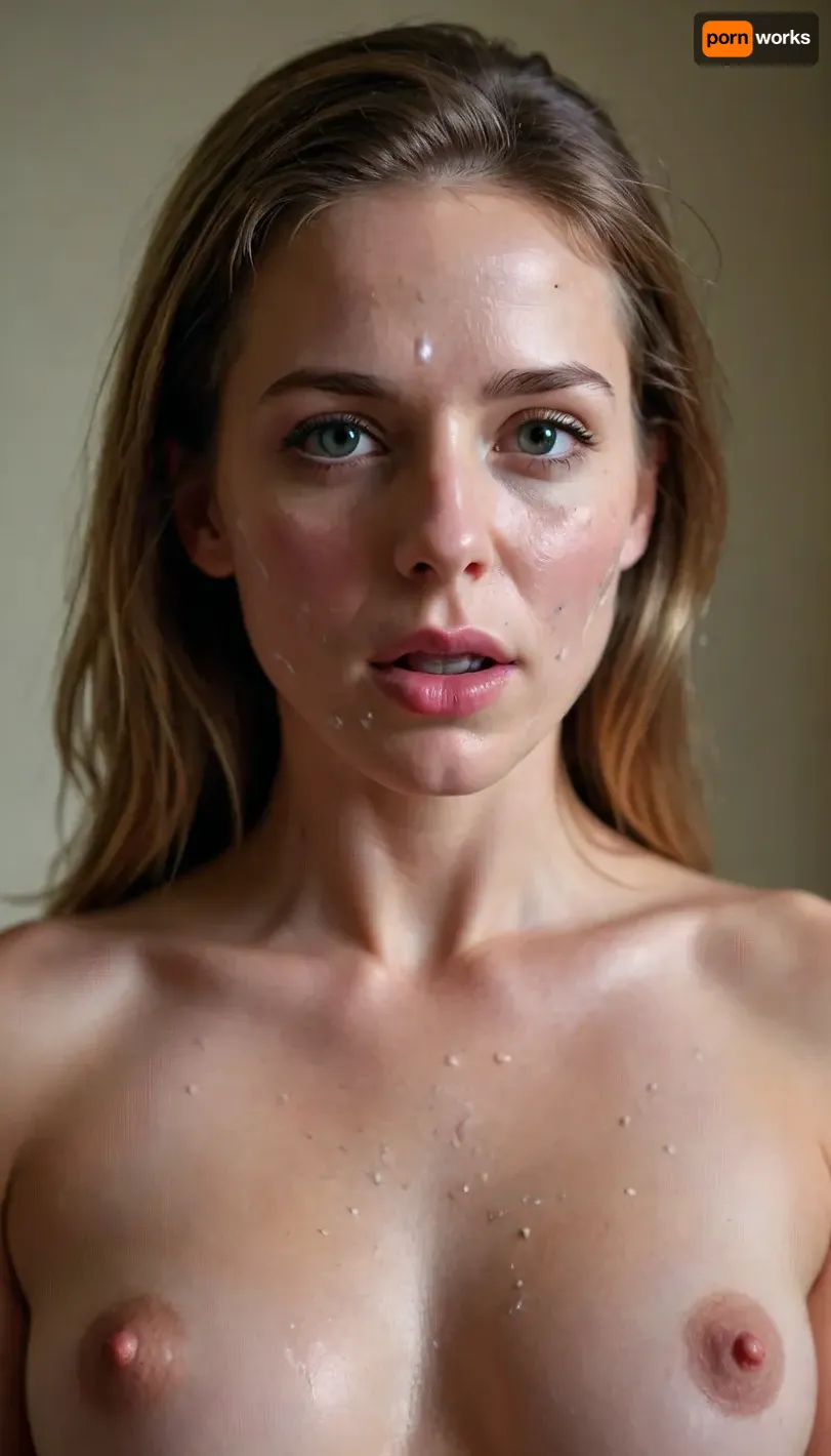 A famous American actress, naked, with her face covered in sperm.