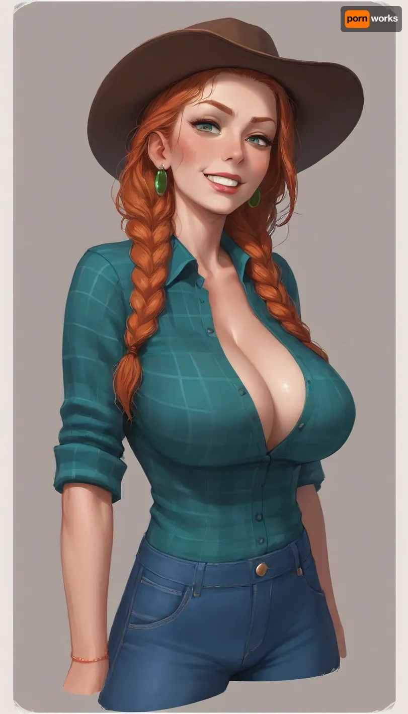 score_9, score_8_up, score_7_up, 1girl, (incase, incase style:.8), (mischievous esthetic:1.2), (milf, cowgirl, rancher, busty, long intricate braids, ginger hair), (huge soft beasts, massive cleavage, flannel shirt, cowboy hat), (soft playful grin, flirty expression, naughty tease), (large expressive eyes), (character portrait, concept art:1.2), <lora:princess_xl_v2:.8>