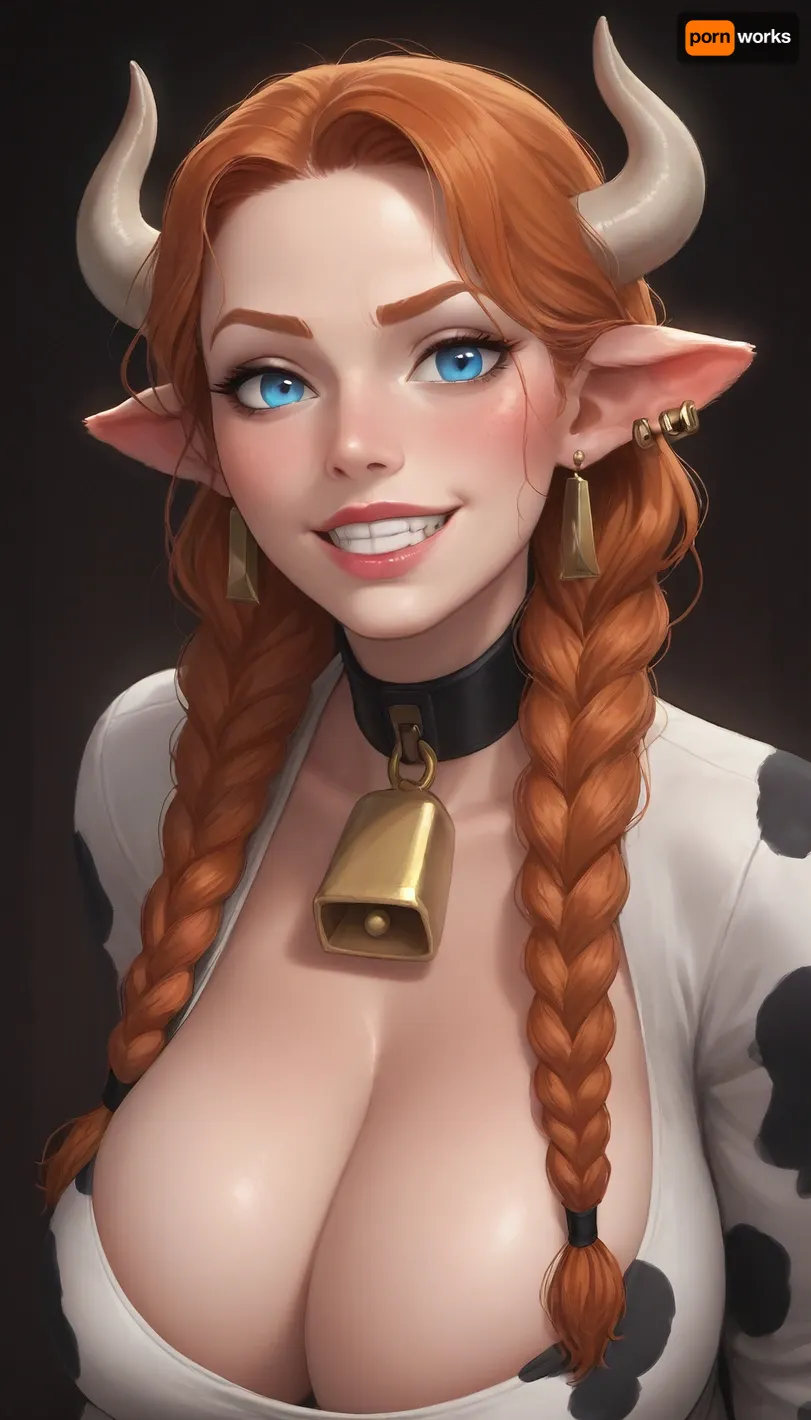 score_9, score_8_up, score_7_up, 1girl, (incase, incase style:.8), (mischievous esthetic:1.2), (milf, cow girl, choker with cowbell, long intricate braids, ginger hair), (huge soft beasts, massive cleavage), (soft playful grin, flirty expression, naughty tease), (large expressive eyes), (character portrait, concept art:1.2), <lora:princess_xl_v2:.8>