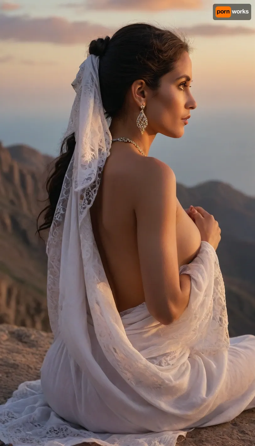 (pastel style painting), of Portrait of a oman half naked classic women 70yo in open aman mountain hills, near sea. dramatic clouds, half moon, sunrise. sitting and eating. Cloted in rich girl classic suite, headscarf, kerchief. outdoor, look from behind, black nice extra long hair, tits, (naked extra small, extra big nipless), all body, one hand up. lace filigree of bright, rich color. Super clear