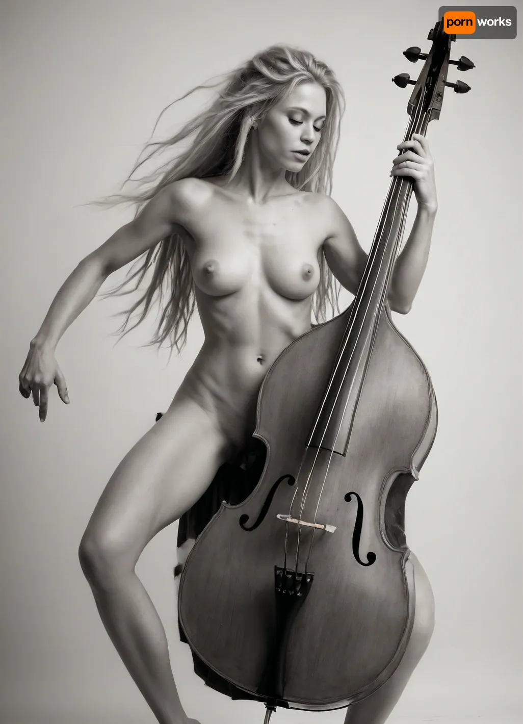 ((full body view)), ((Rough charcoal sketch on white paper)), ((skinny figure)), ((naughty pose)), ((clean line art)), she dynamically plays a Double bass, legs spread wide, her extraordinary long blonde dreadlocks flies back, her breasts bounce very sexy, slim natural body, perky natural boobs, side view, close up face side front angle