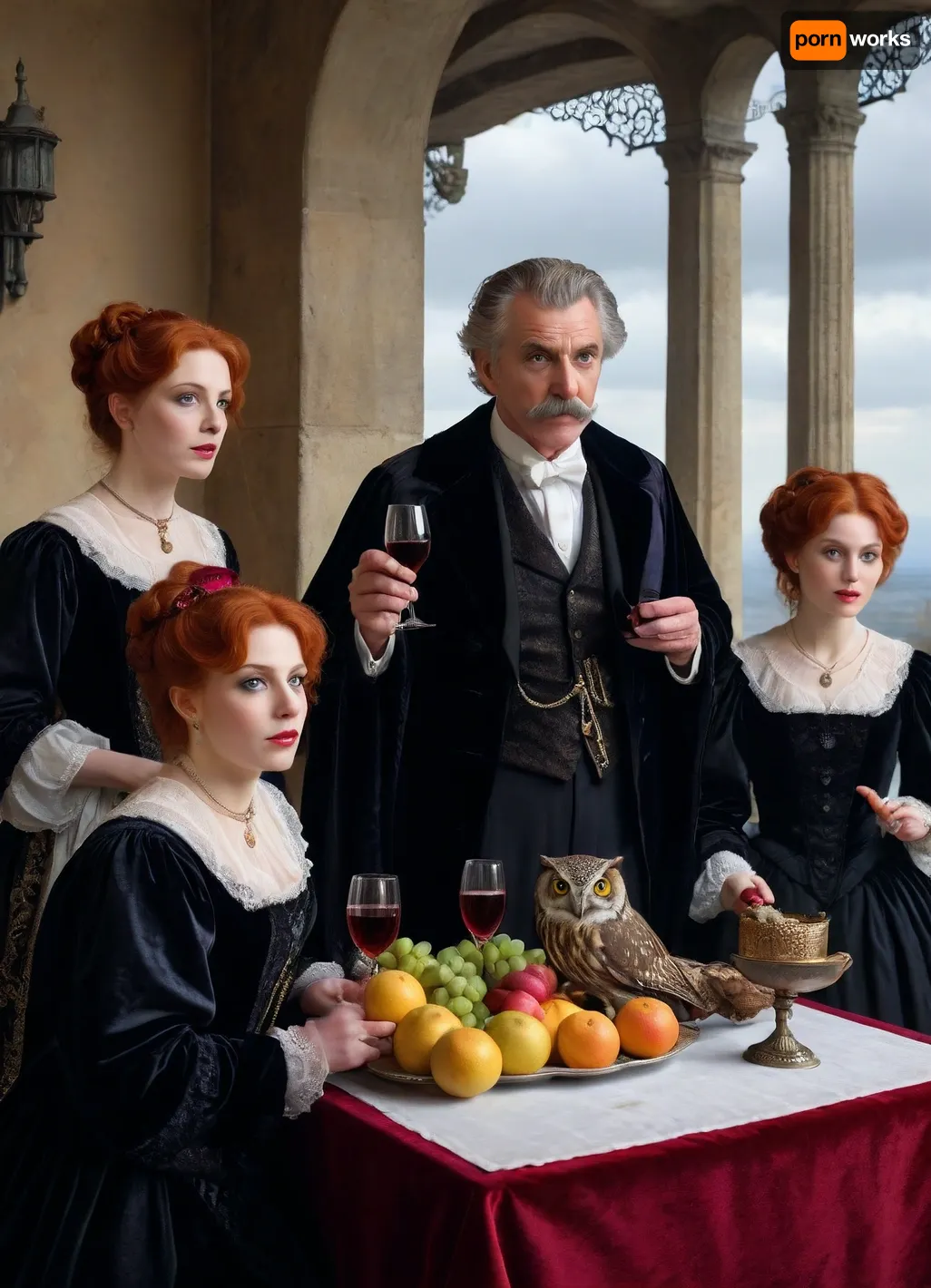 Best quality photo, super detailed, high resolution, Unshaven tall magician man with mustache about 60 years old in black velvet with silver embroidery shouts angrily at two young frightened beautiful redheaded witches, he looks at them, they are guilty, they have high luxurious hairstyles, they are in cherry velvet dresses with gold embroidery and lace, he is holding an owl on his hand, they are all standing on the balcony of the castle at the table, on the table are fruits and glasses of wine, it is snowingchurch, John, Singer, Sargent, Style, page, <lora:John Singer Sargent Style:.8>