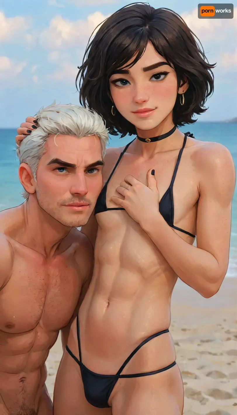 Andava, Andavaverse, The Family Take A Cute Photo On The Beach. Mr Roth Jumps In From Behind, Karura Snaps A Pic.

Mr Roth, Caucasian, Italian-American, Husband, muscular large superhero god tall body tall mature older senior man, Height 6'2, a stylized character with a powerful chiseled build. He has a square jaw, thick black mustache, and intense blue eyes. His short, dark hair is streaked with gray at the temples, styled neatly to enhance his authoritative look. His body is covered with a natural spread of chest and limb hair, emphasizing his masculinity. Defined abs, broad shoulders, and exaggerated muscular proportions give him an imposing, heroic presence, his design emphasizes raw strength, maturity, and dominance. A commanding figure blending rugged masculinity. He's a hardworking Dad of two 'Alexis and Pelo'.
And.
ALEXIS ROTH, Italian-Korean femboy, Height 5'5, A stylized anime-style featuring a feminine, androgynous anime character with bright-blue eyes, black hair and a headband, wearing fashion black bikini, highly detailed, intricate, visible penis bulge, showing toned abs and a relaxed confident expression, coy smile, black nails, The character is muscular yet slender, flat chest, blending masculine and feminine features.

perfect anatomy, best quality, 8k, insane details, intricate details, hyperdetailed, hyper quality, ultra detailed, professional, HDR, ray tracing reflection, cinematic lighting, highlydetailedbody, realisticface, highlydetailedhair, perfectfingers, insanelydetailed, 8K.highdetailedskin, highresolution, (j_cartoon:1.5), Drawing, Andi, uberfit, muscular, athletic, J., Jonah, Jameson, <lora:467443_training_data:1>, <lora:J. Jonah Jameson:1>, <lora:samdoesarts1.1-000030:.4>, <lora:J_cartoon:.3>, <lora:Animated_Concept:.4>