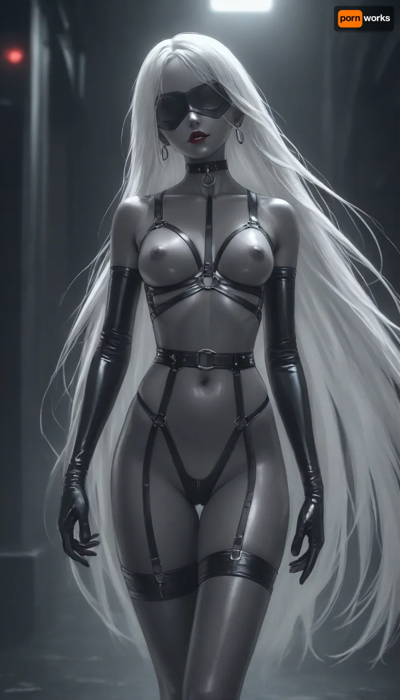 cyberpunk background, slave, (charcoal-black skin:1.5), very dark lipstick, red lipstick, white hair, (extremely long hair:1.3), super long hair, straight hair, straight bangs, tall, (super slim waist:1.3), thin body, slim body, (thin legs:1.2), dark grey areolas, small areolas, big ass, frail body, emaciated, black blindfold, oiled up, naked, black choker, harness, garter, straps, cupless bra, long black gloves, walking, <lora:Harness_Straps_sdxl:1.8>