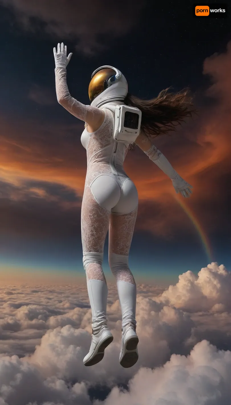 zero gravity, open space cloud, (pastel style painting), Portrait of flying, (soaring, gliding, hovering, floating, drifting, winging, fluttering, ascending, taking off, cruising), a robot half naked in pressure suit, (helmet, glows, spacesuit, protective suit), classic robot 18yo, wather maelstroom. dramatic clouds raibow, full lunar eclipse, sunrise., look from behind, black nice extra long hair, tits, (naked extra small, extra big nipless), all body, one hand up. lace filigree of bright, rich color. Super clear, things, furniture, builfings