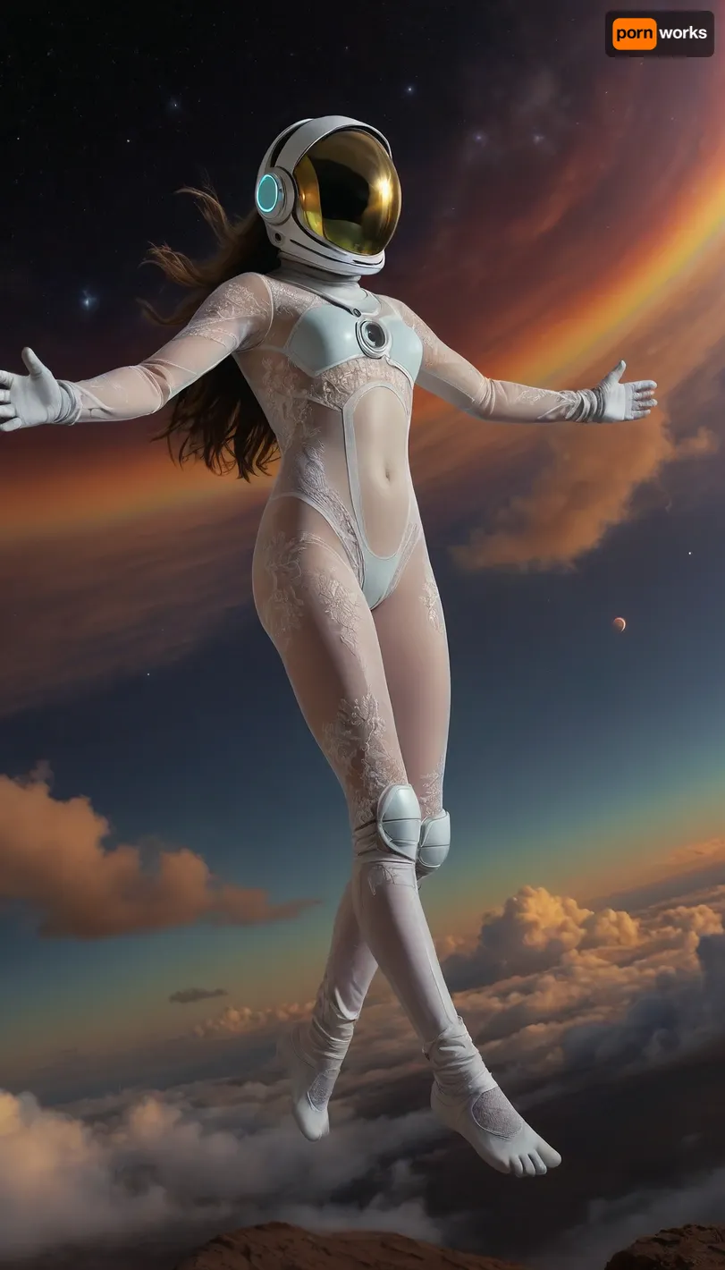 zero gravity, open space cloud, (pastel style painting), Portrait of flying, (soaring, gliding, hovering, floating, drifting, winging, fluttering, ascending, taking off, cruising, legs open, arms open, mind open), a robot half naked in pressure suit, (helmet, glows, spacesuit, protective suit), classic robot 18yo, wather maelstroom. dramatic clouds raibow, full lunar eclipse, sunrise., look from behind, black nice extra long hair, tits, (naked extra small, extra big nipless), all body, one hand up. lace filigree of bright, rich color. Super clear, things, furniture, builfings