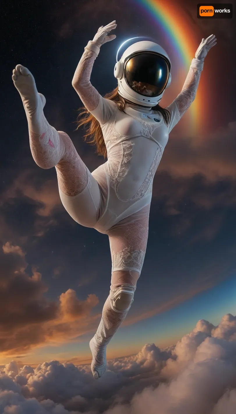 zero gravity, open space cloud, (pastel style painting), Portrait of flying, (soaring, gliding, hovering, floating, drifting, winging, fluttering, ascending, taking off, cruising, legs open, arms open, mind open), a robot half naked in pressure suit, (helmet, glows, spacesuit, protective suit), classic robot 18yo, wather maelstroom. dramatic clouds raibow, full lunar eclipse, sunrise., look from behind, black nice extra long hair, tits, (naked extra small, extra big nipless), all body, one hand up. lace filigree of bright, rich color. Super clear, things, furniture, builfings