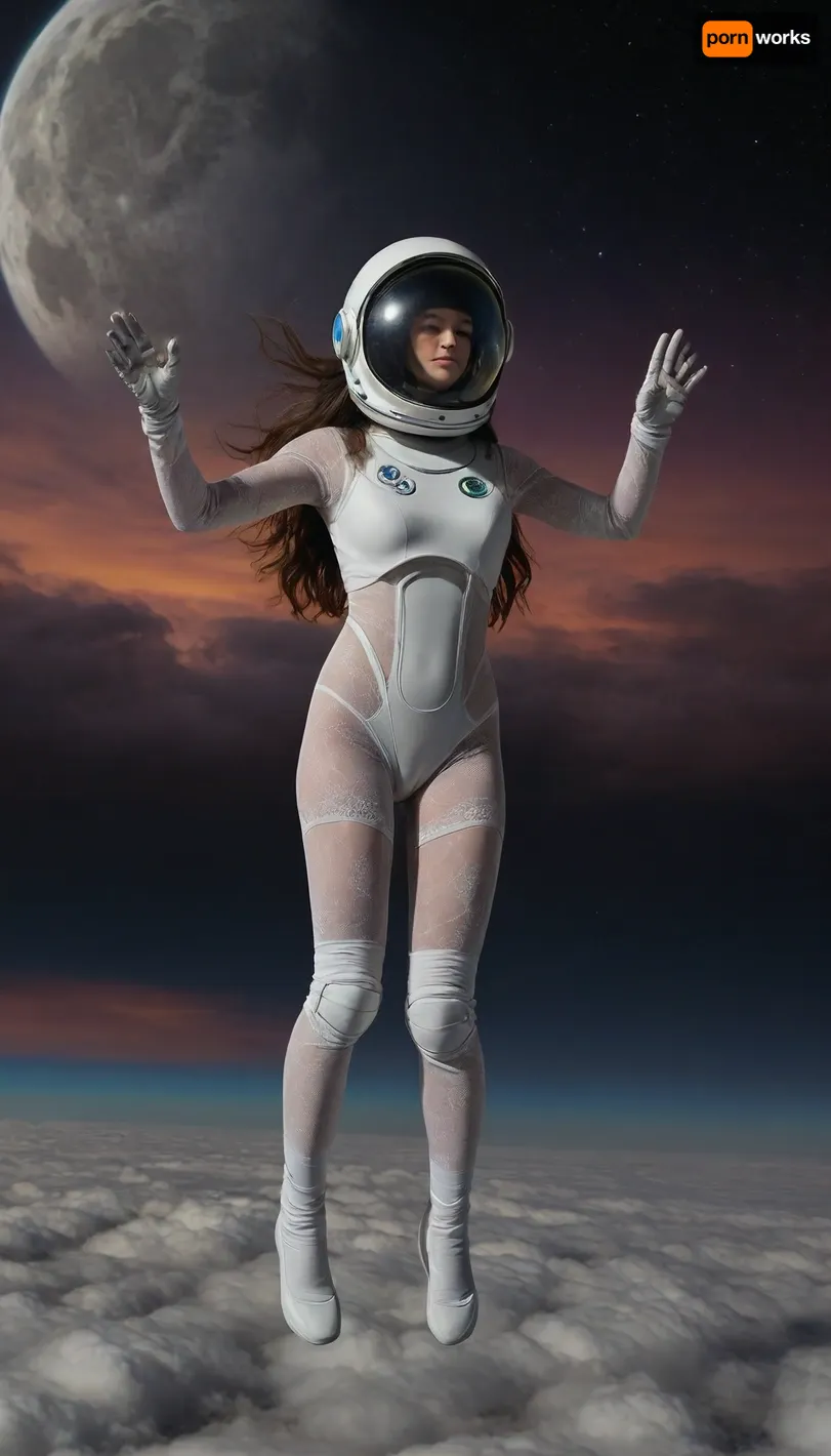 zero gravity, full moon, galaxy, open space cloud, (pastel style painting), Portrait of flying, (soaring, gliding, hovering, floating, drifting, winging, fluttering, ascending, taking off, cruising, legs open, arms open, mind open), a robot half naked in pressure suit, (helmet, glows, spacesuit, protective suit), classic robot 18yo, wather maelstroom. dramatic clouds raibow, full lunar eclipse, sunrise., look from behind, black nice extra long hair, tits, (naked extra small, extra big nipless), all body, one hand up. lace filigree of bright, rich color. Super clear, things, furniture, builfings