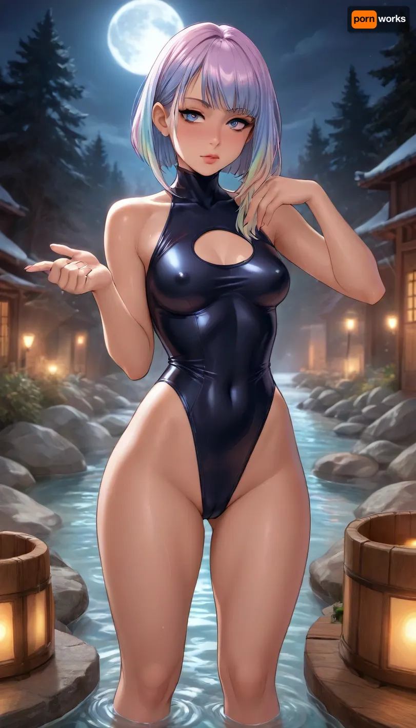 (reiq style), lucy from cyberpunk edgerunners full original skin, small breasts, nude breasts, massive ass, thick thighs, massive natural breasts, nipple outline, oiled, wet skin, perfect figure, (hyper wide hips:1.2), curvy, snatched waist, underboob, (wet vary tight see throw Cyber leotard:1.6), seductive pose, long, booty, Melkor Mancin artstyle, (dark moon lite snow-flakes star nighttime forest background:1.6), (standing in hot-spring doing seductive pose:1.8), perfect fingers, style anime, oda, non, pov, Solo, alone, 1girl, full body view, front view, <lora:outline_xl_kohaku_delta_spv5x:.9>, <lora:Ppolar-P3v1-NbVp10:.9>, <lora:one breast out XL:.9>