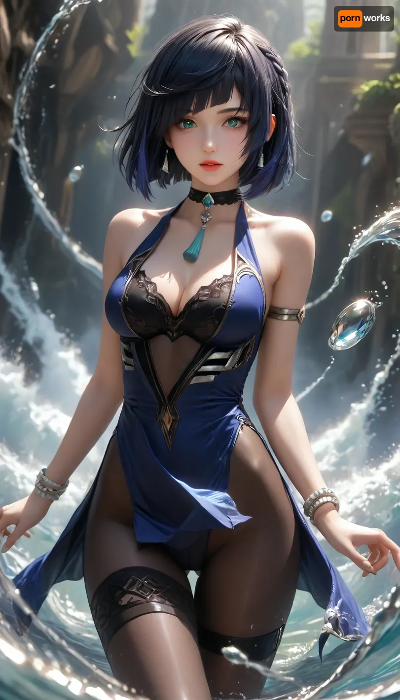 ultra-detailed, (best quality), ((masterpiece)), (highres), original, extremely, yelan, Genshin Impact, 1girl, solo, slender, lips parted, dark sleeveless lace bodysuit, blue qipao-style overcoat, silver details, cleavage, high-cut bodysuit, crotch exposed, cameltoe, green eyes, blue hair, choker, short hair, bangs, diagonal bangs, black choker, bare shoulders, bob cut, white bracelets, thigh gap, action shot, wind in hair, wind in clothes, ((big water swirl around girl:1.1), (big magical water flows:1)), fantasy, magical powers, magical, magic, spell, orbs, element, water, swirls, air, wind, <lora:yelan2_xl:1>, <lora:xl0918ice-water:.8>, <lora:SDXL high detailed. LoRA_SDXL_ARW_0010:.8>