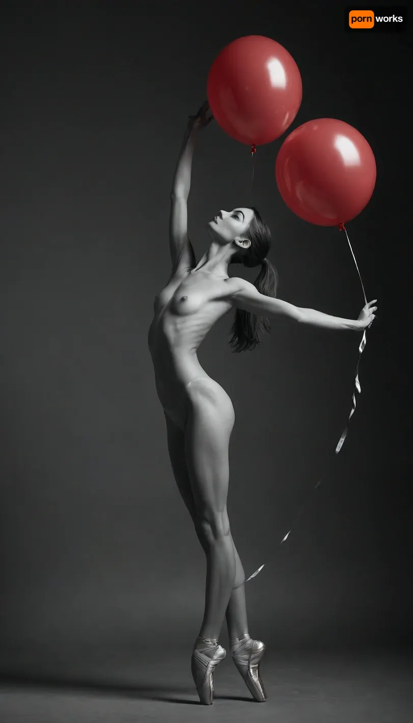 (monochrome:1.5), ((full body backside view)), ((Rough charcoal sketch on white paper)), (23 years old nude skinny ballet dancer), perfect face, perfect beauty, ballet shoes, ((skinny figure:1.3)), skinny ass, (arms stretched upwards:1.3), holds, (a solo red balloon floats above her on a long string:1.2), ((naughty pose)), ((clean line art)), high resolution, 8k, photorealistic