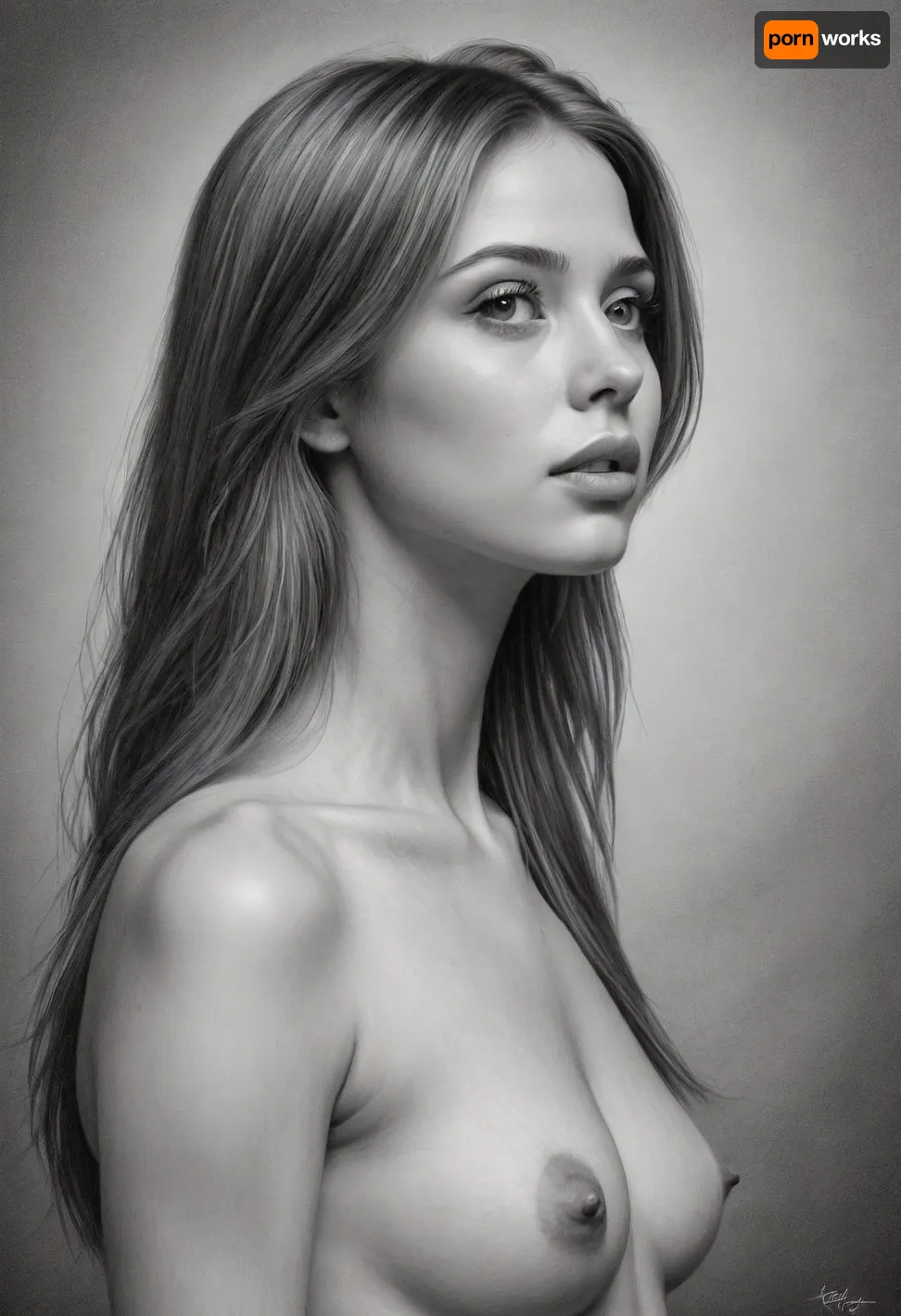 Pencil drawing, nude woman, slender, straight hair, posing, Fine Art, greyscale, side view, PEPencilDrawing, <lora:PE_PencilDrawing:1>