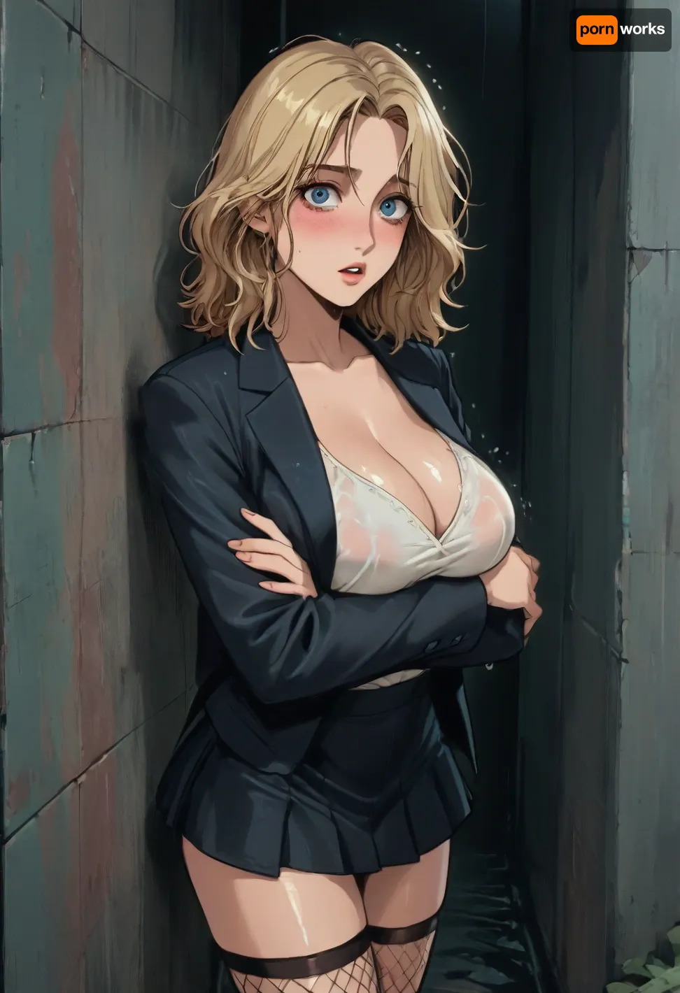 Score_9, score_8_up, score_7_up, reiq meets markgavatino art style, full body, 22 year old woman, long wet curly blonde hair, wet skin, wet hair, wet clothes, beautiful face, detailed, blushing, massive pearshaped natural breasts, arms crossed attempting to hide breasts, raised eyebrows, pale skin, detailed eyes, surprised embarrased expression, looking at viewer, mouth wide open, tight and tall hourglass figure, full face blush, voluptuous, hanging cleavage, oiled skin, seductive, black blazer, very wet white oversized completely see through deep t shirt showing white bra, mini skirt, fishnet stockings, wet body, highly detailed, superhigh resolution, standing back against wall, outside in the rain, raining, nighttime, standing, dark light, cute, doodle, ratatatat74, <lora:cutedoodle_XL-000012:.8>, <lora:ratatatat74-000050:.8>, <lora:NEOTOKIOXL_0.2_RC:.8>, <lora:outline_xl_kohaku_delta_spv5x:.8>