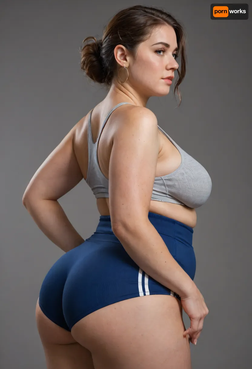 a chubby 50yo mature woman with stretch marks in a high-waisted sport outfit, looking at the camera, 45° sideview, full waistline, full figured, large butt
