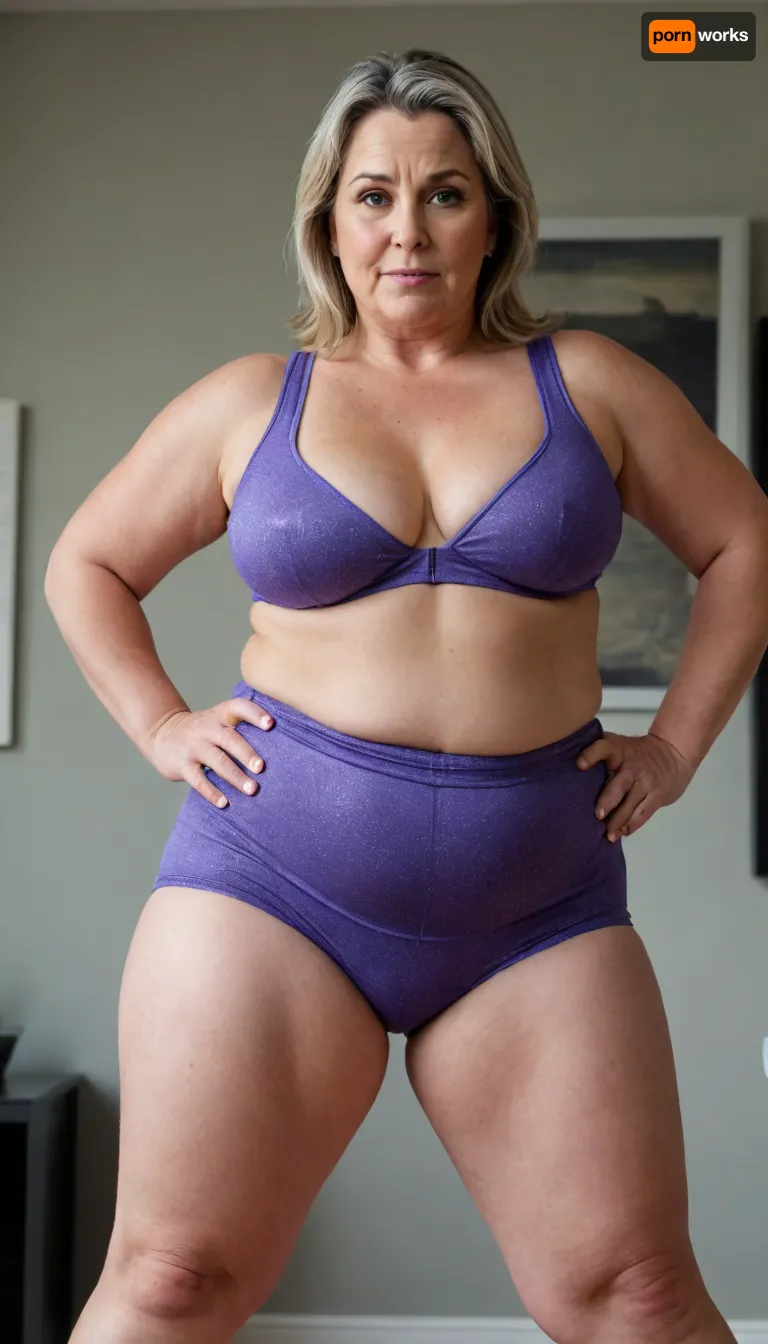 a chubby 50yo mature woman with stretch marks in a high-waisted sport outfit, looking at the camera, full waist, full figured, large breast, saggy", sagging, bulging pubic mound