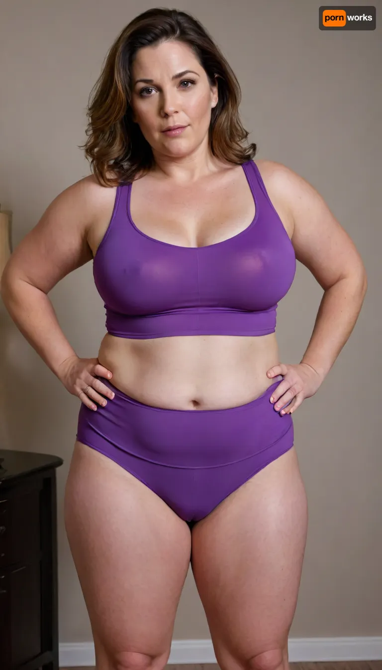 a chubby beautiful 40yo mature woman with stretch marks in a purple high-waisted sport outfit, looking at the camera, full waist, full figured, saggy, sagging, chest", bulging pubic mound, fuller pelvis, pubic mound, wide, huge, hips