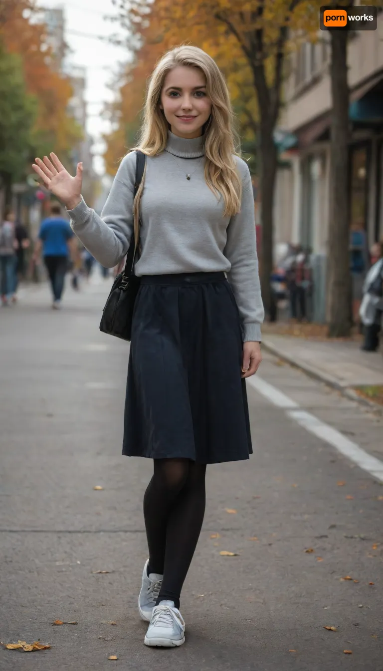 realistic Fluttershy, (Equestria Girls), in motion, blonde hair slightly waving, blue eyes, gentle smile, pastel blue turtleneck, gray cardigan, black A-line skirt, black tights, gray sneakers, walking down a city street, with blurred storefronts and autumn trees in the background, daytime lighting, photorealism, emphasis on natural movements, 8K detail, soft shadows