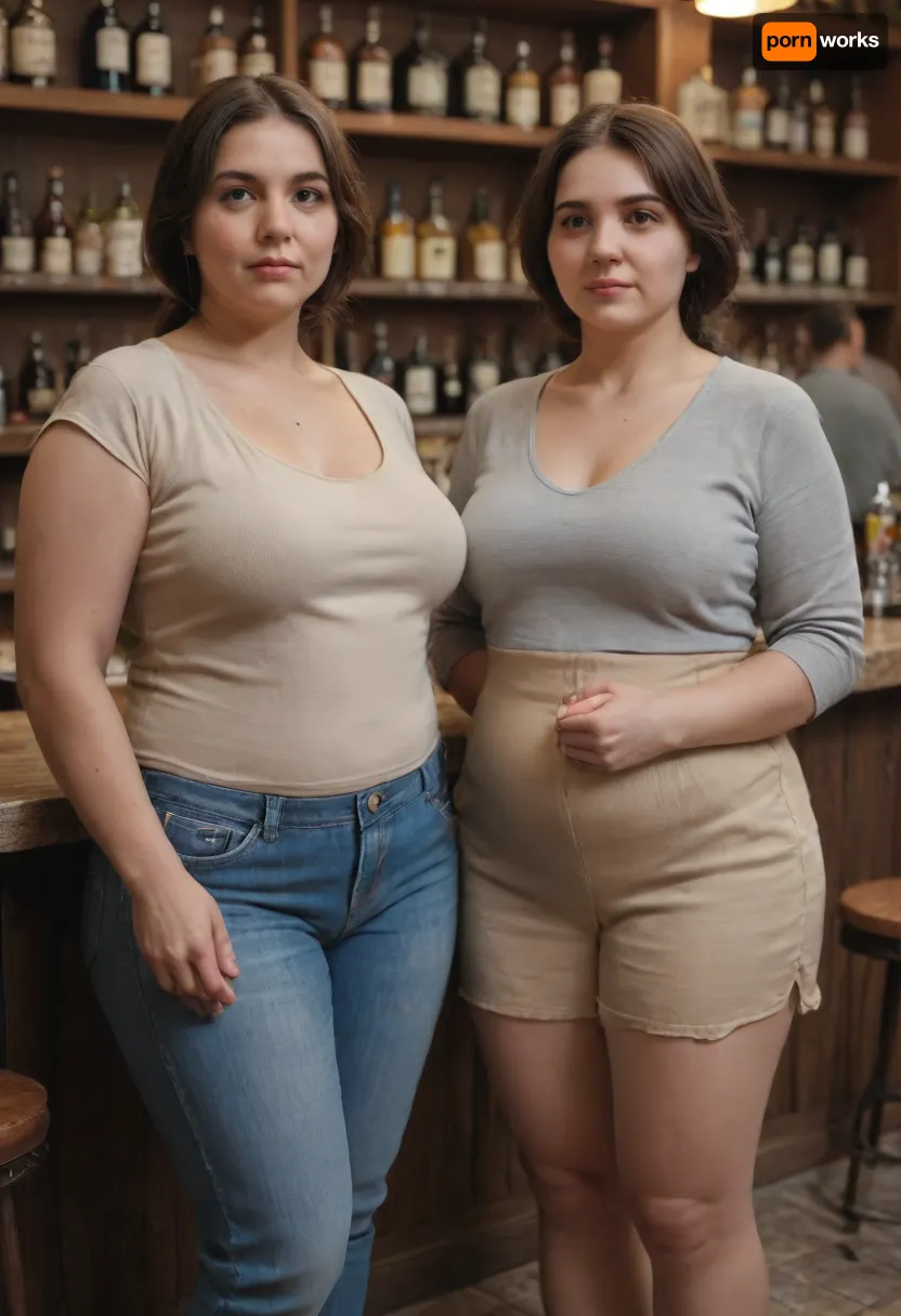 2girls, Two milfs, two moms, two old fat BBW woman, realistic image, (russian:.7), (armenian:.5), sexy, both wearing low-cut casual clothes, (fully clothed), brunette, fat, round face, (detailed face and eyes:1.2), (standing next to each other), crowded bar scene, ((They look at the viewer with desire)), mature, female, motherly, milf