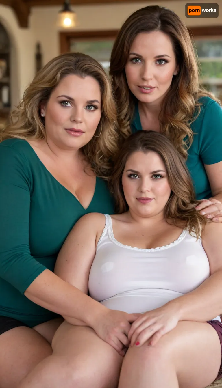 2girls, Two milfs, two moms, two old fat BBW woman, realistic image, (brunette), (blonde), long hair, sexy, both wearing low-cut casual clothes, (fully clothed), brunette, fat, round face, (detailed face and eyes:1.2), (sitting next to each other), vacation resort scene, ((They look at the viewer with desire)), mature, female, motherly, milf