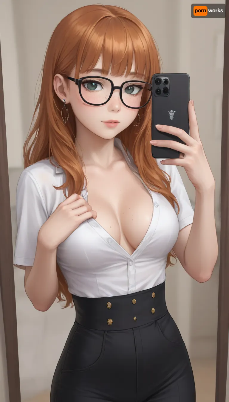girlfriend, 25 years old, orange hair, long hair, straight hair, bangs, thick black glasses, freckles, sexy selfie, teasing selfie, slf, slim waist, cleavage, <lora:slf:1.6>
