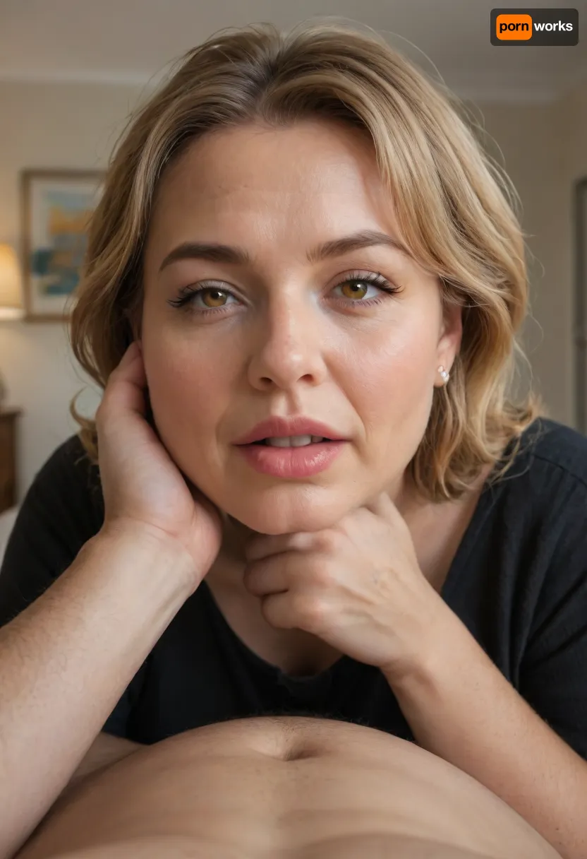 (mature:1.5), POV, (open mouth), chubby Obese milf, 55 years old married housewife wearing a black outfit, amber hair, ((man grapping her head)), looking at viewer, (captivating eyes:1.3), cozy bedroom