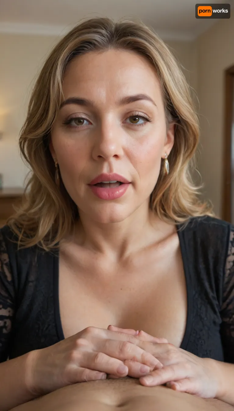 (mature:1.5), POV, (open mouth), chubby Obese milf, 55 years old married housewife wearing a black outfit, amber hair, ((man grapping her head)), looking at viewer, (captivating eyes:1.3), cozy bedroom