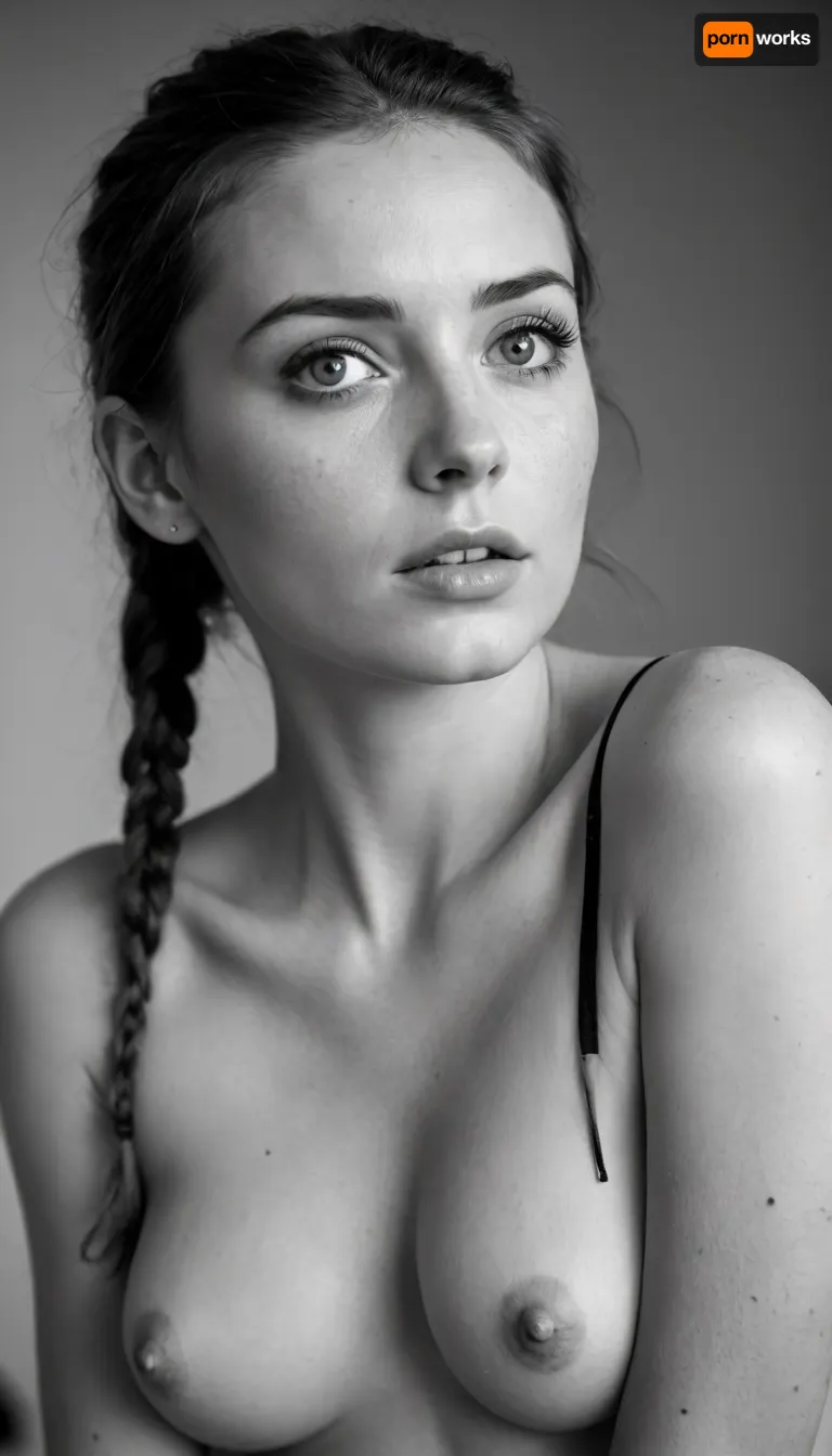 (((black and white photo:1.5))), (((black and white photo:1.5)), ((grayscale photo:1.5)), (high contrast), (high key photo), 25 year old brunette cute woman, slim body, pale skin, small body, (medium boobs), (cleavage), freckles, terrified of the viewer, eye contact, long straight braided hair in a high ponytail, wide panicked eyes, blue eyes, bedroom, stud earrings, toned belly, woman)