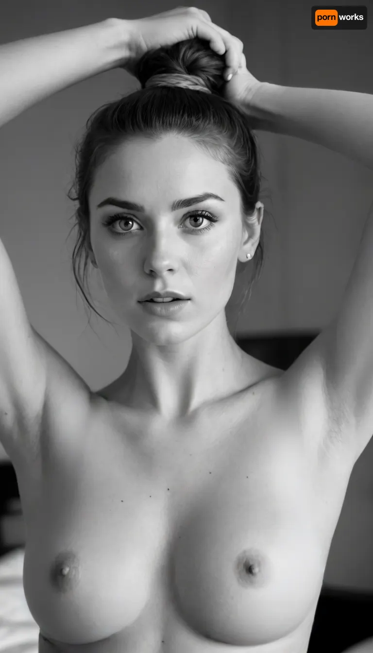 (((black and white photo:1.5))), (((black and white photo:1.5)), ((grayscale photo:1.5)), (high contrast), (high key photo), 25 year old brunette cute woman, slim body, pale skin, small body, (large natural boobs:1.5), ((saggy breasts:1.5)), (cleavage), freckles, terrified of the viewer, eye contact, long straight braided hair in a high ponytail, wide panicked eyes, blue eyes, bedroom, stud earrings, toned belly, woman, ((arms in sexy pose up above head)), ((closely woven into the hair)))