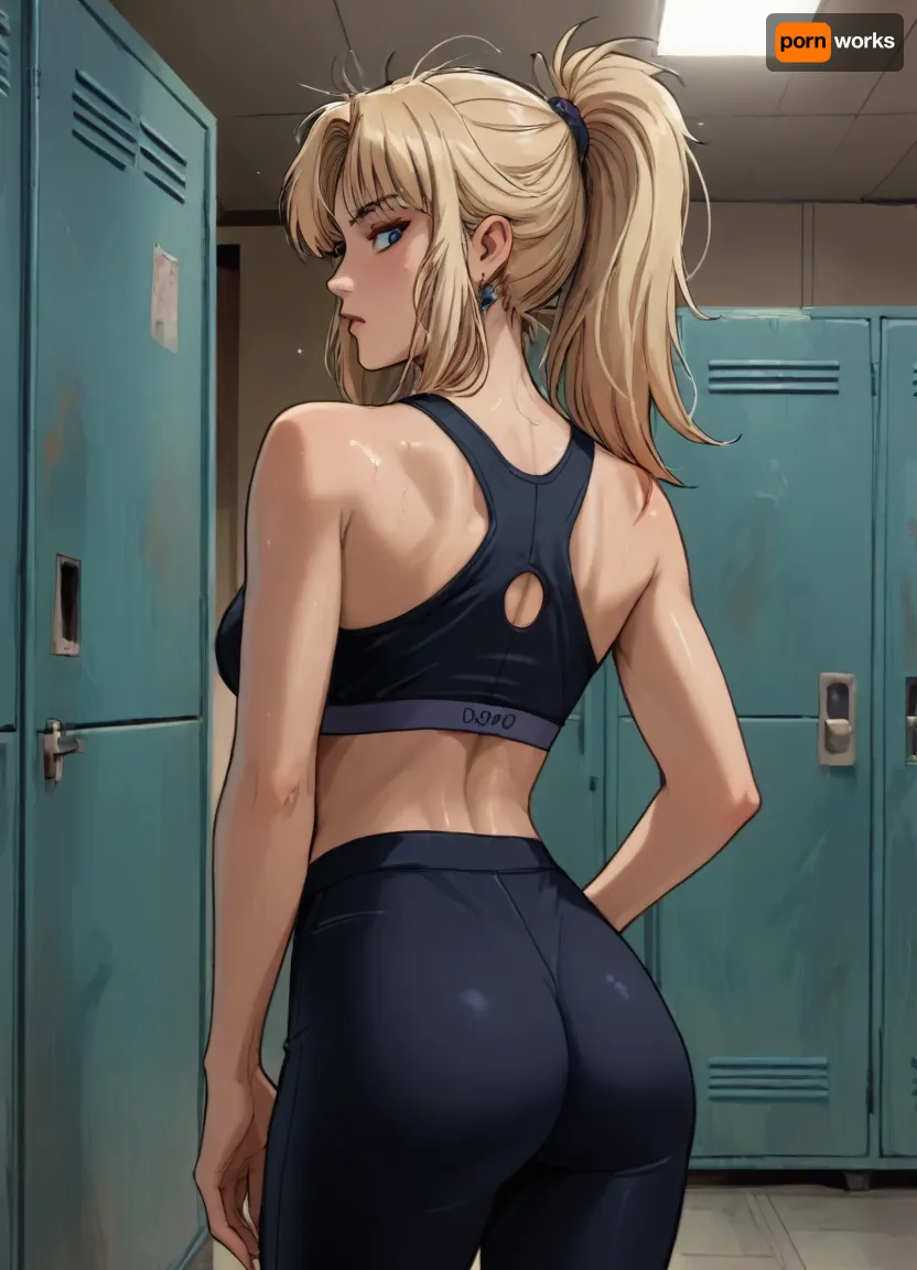 Score_9, score_8_up, score_7_up, reiq meets markgavatino art style, 25 year old, messy hair in ponytail, sweating, shiny skin, women standing in locker room, back to you, looking at you over shoulder, tight yoga pants, sports bra, cute, doodle, ratatatat74, <lora:cutedoodle_XL-000012:.8>, <lora:ratatatat74-000050:.8>, <lora:NEOTOKIOXL_0.2_RC:.8>, <lora:outline_xl_kohaku_delta_spv5x:.8>
