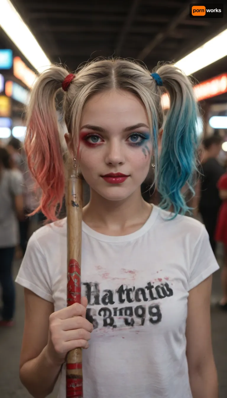 Harley Quinn, brightly colored pigtails, (pink and blue), half-white, half-red face, red and black costume, baseball bat in hand, background of Gotham streets, neon lighting, photorealism