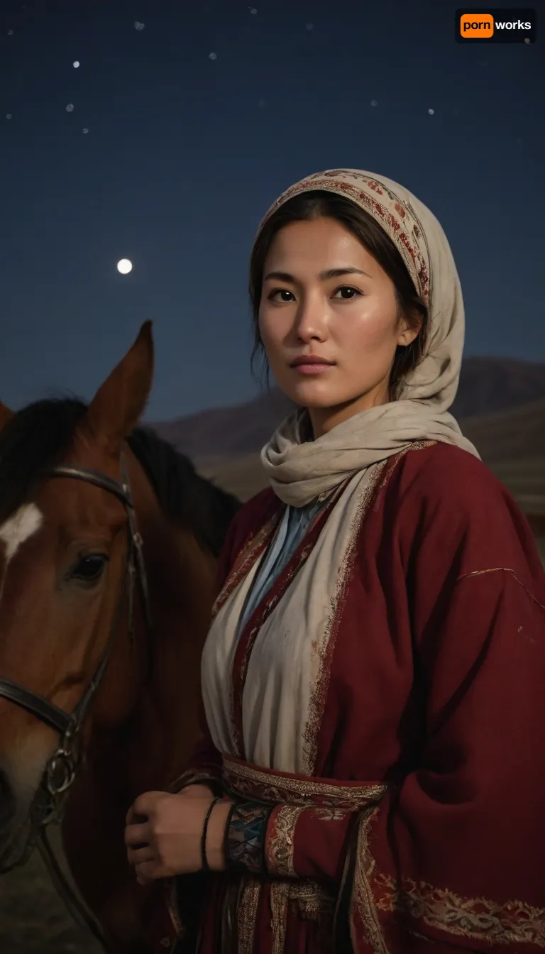 a female Kyrgyz nomad in the foreground among her horses, adorned in layered nomadic garments with embroidered edges and a silk headscarf draped loosely around her shoulders, moonlight tracing soft highlights across her face and clothing, stars in the sky, vast steppe and distant peaks under the night sky, cinematic photorealism, natural atmospheric realism, masterpiece, best quality, highly detailed, sharp focus