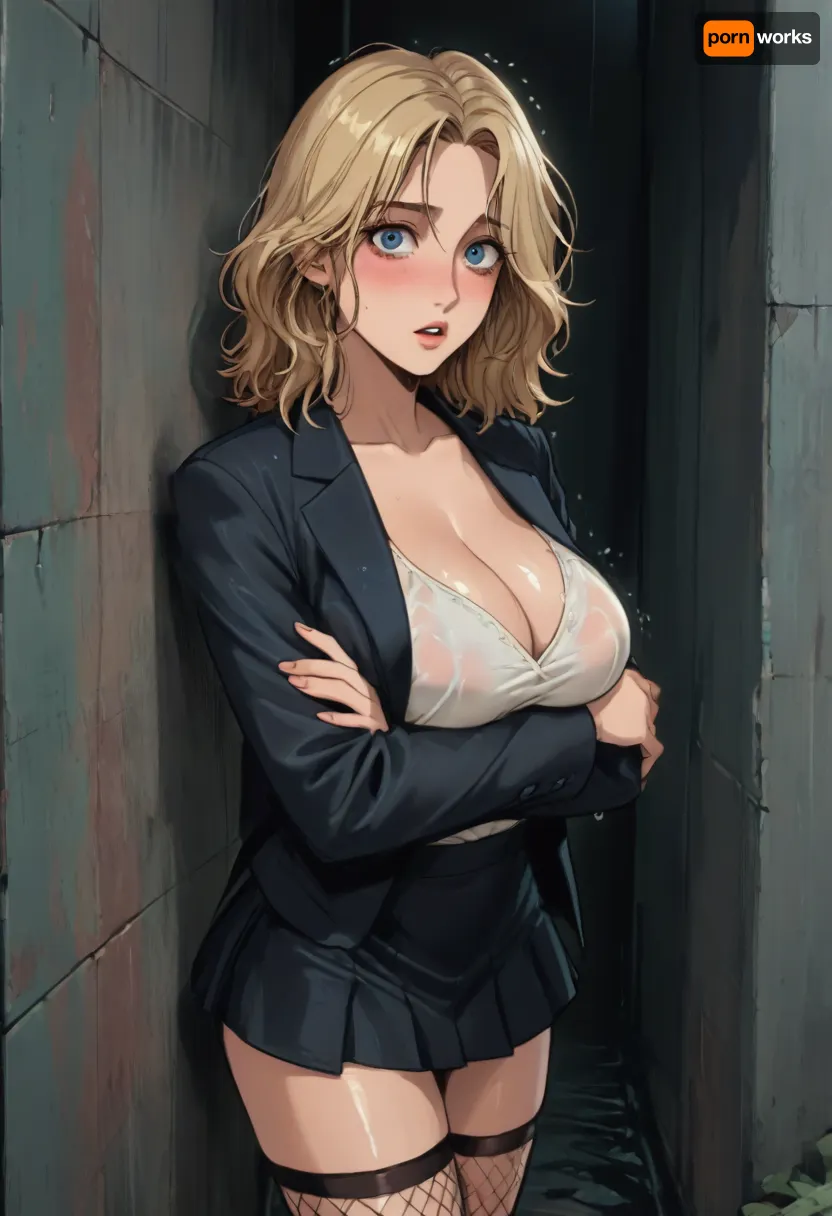 Score_9, score_8_up, score_7_up, reiq meets markgavatino art style, full body, 22 year old woman, long wet curly blonde hair, wet skin, wet hair, wet clothes, beautiful face, detailed, blushing, massive pearshaped natural breasts, arms crossed attempting to hide breasts, raised eyebrows, pale skin, detailed eyes, surprised embarrased expression, looking at viewer, mouth wide open, tight and tall hourglass figure, full face blush, voluptuous, hanging cleavage, oiled skin, seductive, black blazer, very wet white oversized completely see through deep t shirt showing white bra, mini skirt, fishnet stockings, wet body, highly detailed, superhigh resolution, standing back against wall, outside in the rain, raining, nighttime, standing, dark light, cute, doodle, ratatatat74, <lora:cutedoodle_XL-000012:.8>, <lora:ratatatat74-000050:.8>, <lora:NEOTOKIOXL_0.2_RC:.8>, <lora:outline_xl_kohaku_delta_spv5x:.8>