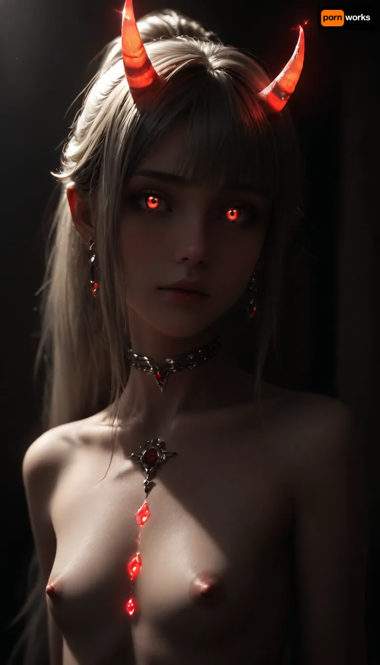Girl from Genshin impact, Multicolour silver_red Hairstyle, long ponytails, charming eyes, bright glowing red pupils, Night, monnlight, (flatchest:1.1), slutty pose, (lots of highly detailed glowing bodyjewelry:1.6), ultra detailed, (high resolution:1.4), slim gymnast body, (really long ponytail:1.4), (red glowing magic on body:1.6), dark, theme, bodysuit, HD, barely legal 18yo girl, white hair, (Euro Caucasian), (highly detailed face, beautiful, blushing), (Earrings), anorexic, extremely skinny, {brown wide-open eyes}, round ass, shaved pussy, nipples pokies, (8k uhd, dslr, highest quality, masterpiece, photorealistic, detailed skin texture, (highly detailed face), extremely detailed, soft focus, ultra-detailed, ultra realistic face, ultra-realistic, realistic), photorealistic, detailed skin texture, (highly detailed Iridescent long hair), (highly detailed face), extremely detailed, soft focus, ultra-detailed, ultra realistic face, ultra-realistic, realistic, tattoo, Tattoos on the face, demonic horns, dark horns, leather corset, dark demonic background, sukunatattoo, cut3h0rnstyl3, portrait, nippled, (iridescent emerald, purple, magenta, fuchsia, green, violet), breast, glow, hair, multicolored, <lora:flat_chested_v3.5:2>, <lora:zavy-hrglw-sdxl:2>, <lora:SDXL Detail:2>, <lora:dark:2>, <lora:EnvyZoomSliderXL01:2>