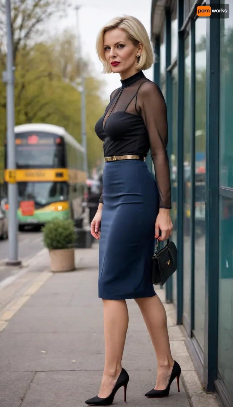 A woman is standing at a crowded bus stop, she is wearing clothes, a long darkblue tight carondache skirt with a slit and a high waist, a black silk blouse tight-fitting falling breasts, Nipples visible through clothing, long tits, short haircut, light yellow hair, 55 years old, slender legs, a large rounded ass, women's black shoulder bag, black high heels, louboutins, dried face of Caucasian appearance, Russian milf, sokate, <lora:sokate:.8>
