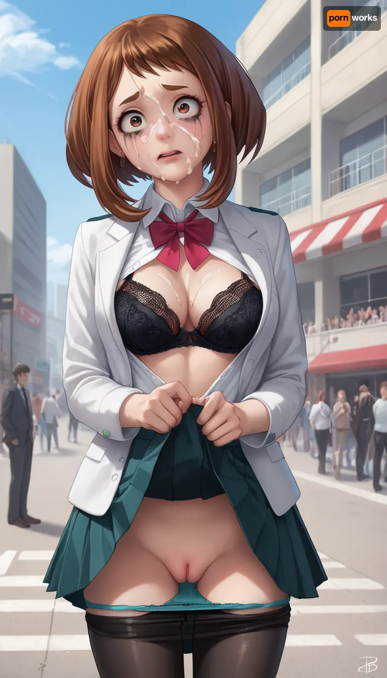 Standing, runny mascara, cum on face, Ochako Uraraka, white collared shirt, pleated skirt, black pantyhose, skirt lift, pantyhose down, open shirt, pinky lace bra, audience, panties down, pussy, outdoor, city ​​square, embarassed, look away