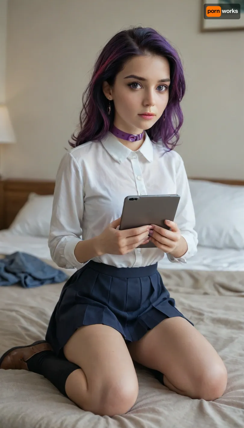 Twilight Sparkle, Equestria Girls, petite figure, short purple hair with colored streaks, thoughtful expression, big eyes, black knee-high socks, holding textbooks and a tablet, daylight lighting, photorealism, 4K, detailed interior elements, in the bedroom, on kneeling, white blouse with a purple collar, gray pleated skirt, brown flats