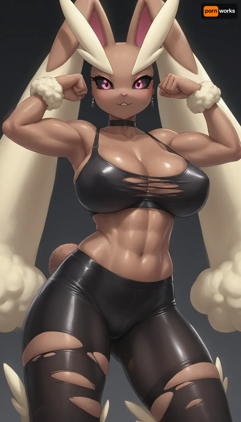 giant muscular Lopunny, (Pokemon), flexing in ripped black stockings. giant areolas, covered perky nipples, giant milky boobs, sweaty. Black choker, stretched leather bra, ripped leggings.

worm pov, moody lighting.

anthro bunny lopunny