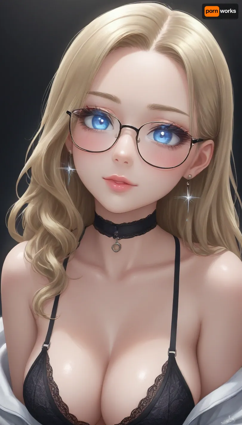 influencer, (long eyelashes:2), blond hair, straight hair, long hair, light blue eyes, black choker, (lace bra:1), (big cleavage:1.2), (strong blush:1.5), (big glasses:1.3), big tits, zoom on face and tits, (sparkling eyes:1.6), (glowing eyes:1.6), sparkling earrings, smile, (black eye make up), <lora:Jeweled eyes-NAI:2>