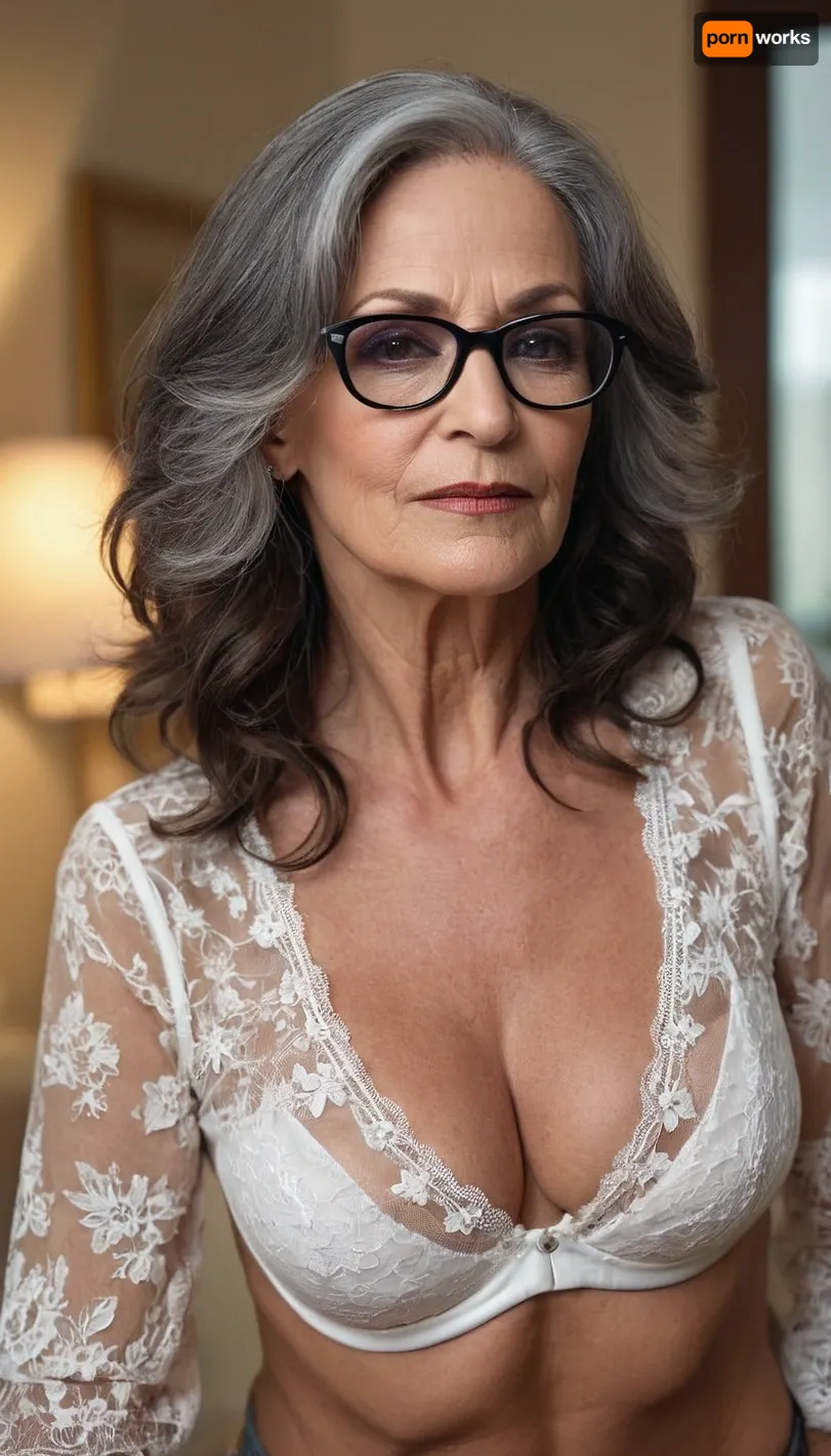 beautiful photorealistic image, sexy 65 years old Jewish grandma, dark grey long hair till her lower back, glasses, big nose, sexy daisy dukes outfit, cleavage, alluring looks, make up, lashes, eyeshadow, smoky eyes, lace bra under blouse