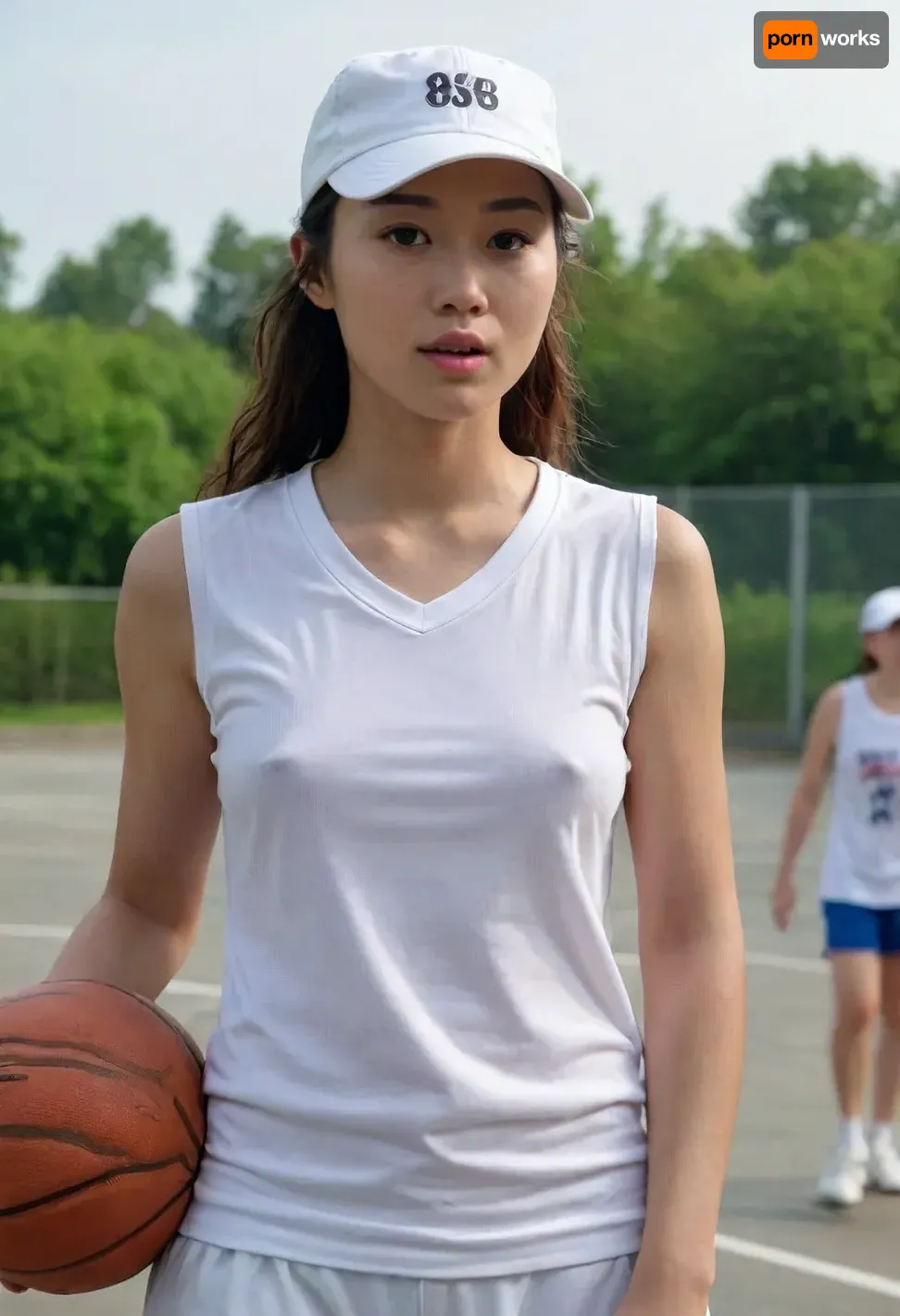 (masterpiece, best quality:1.2), 1 40yo woman, sexy asian woman, (she wears a wet baggy oversized white sleveless basketball shirt with big number " 8 ":1.4), outdoors in a motodrom, (longest curly brunette hair:1.2), she wears no bra, grey eyes, pointed nose and chin, (she wears a basecap:1.4), photorealism, Wearing, clothes, that, make, sense, with, Braless>, <lora:681678_training_data:.5>, <lora:bralessSDXL_v1_00022:.5>