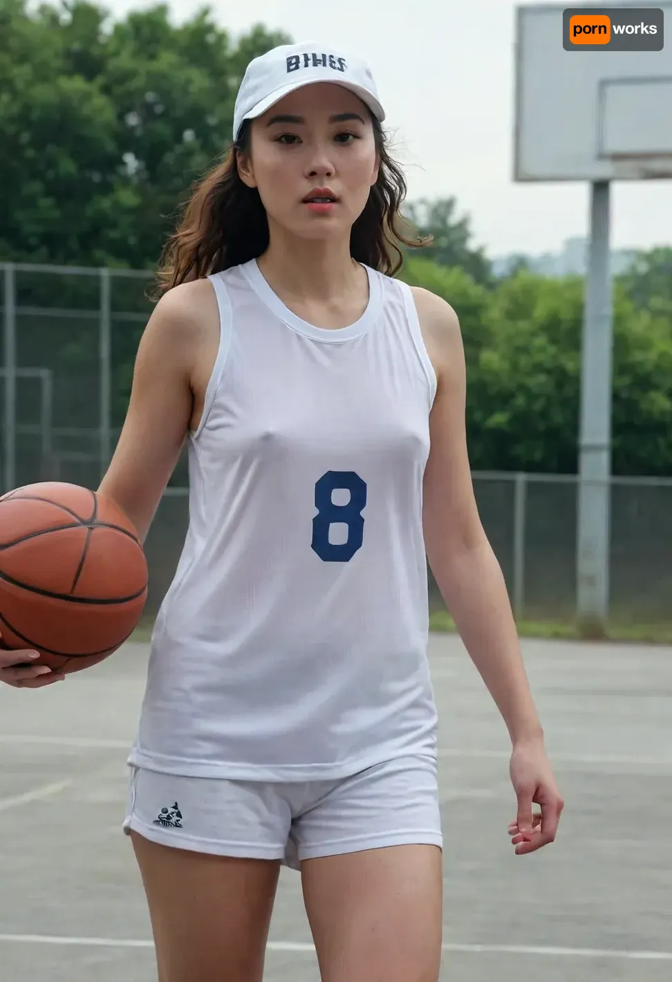 (masterpiece, best quality:1.2), 1 40yo woman, sexy asian woman, (she wears a wet baggy oversized white sleveless basketball shirt with big number " 8 ":1.4), outdoors in a motodrom, (longest curly brunette hair:1.2), she wears no bra, grey eyes, pointed nose and chin, (she wears a basecap:1.4), photorealism, Wearing, clothes, that, make, sense, with, Braless>, <lora:681678_training_data:.5>, <lora:bralessSDXL_v1_00022:.5>