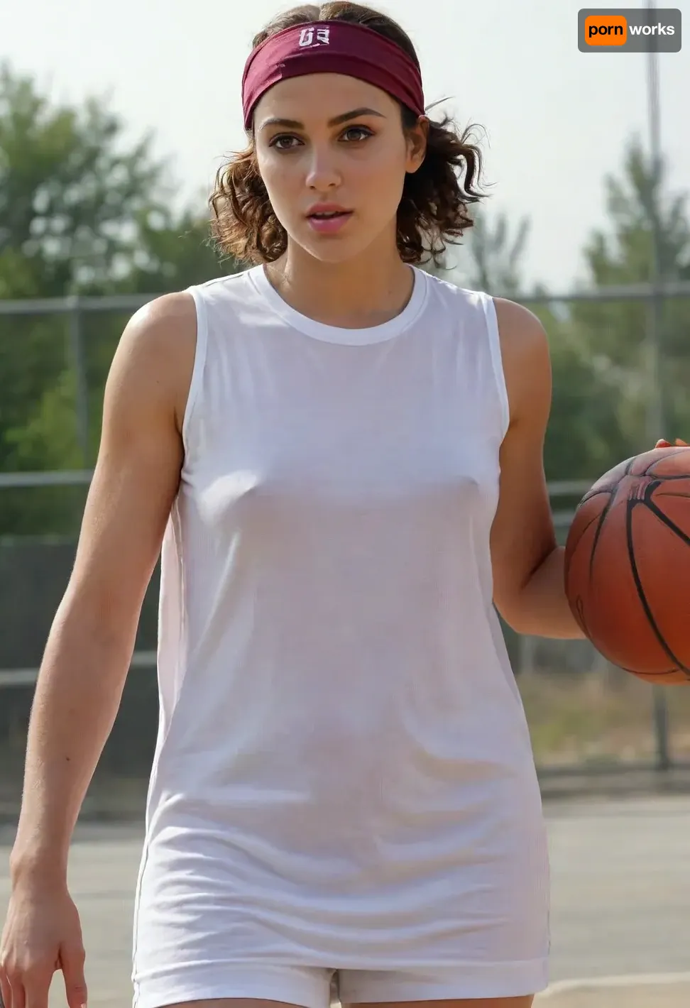 (masterpiece, best quality:1.2), 1 40yo woman, sexy arab woman, (she wears a wet baggy oversized white sleveless basketball shirt with big number " 8 ":1.4), outdoors in a motodrom, (longest curly brunette hair:1.2), she wears no bra, grey eyes, pointed nose and chin, (she wears a basecap:1.4), photorealism, Wearing, clothes, that, make, sense, with, Braless>, <lora:681678_training_data:.5>, <lora:bralessSDXL_v1_00022:.5>